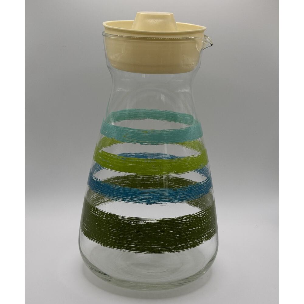 Vintage MCM Libbey Glass Juice Carafe Pitcher Green Blue Stripe with Lid - RARE